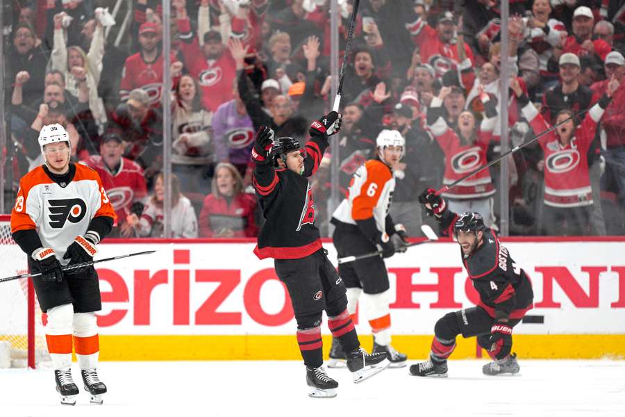 Hurricanes' Logan Stankoven celebrates goal in Game 1 of 2026 Eastern Conference semi-finals