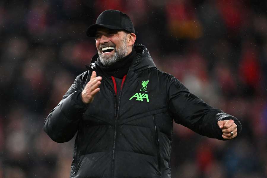 Jurgen Klopp celebrates on the pitch after the English FA Cup fifth round football match between Liverpool and Southampton