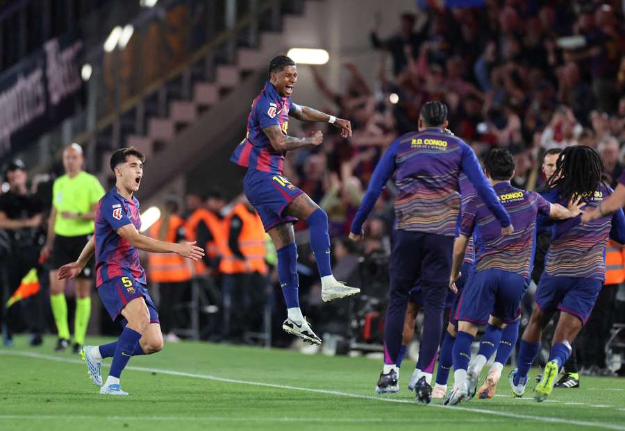 Barcelona's Marcus Rashford celebrates scoring their first goal with teammates Barcelona's Marcus Rashford celebrates scoring their first goal with teammates