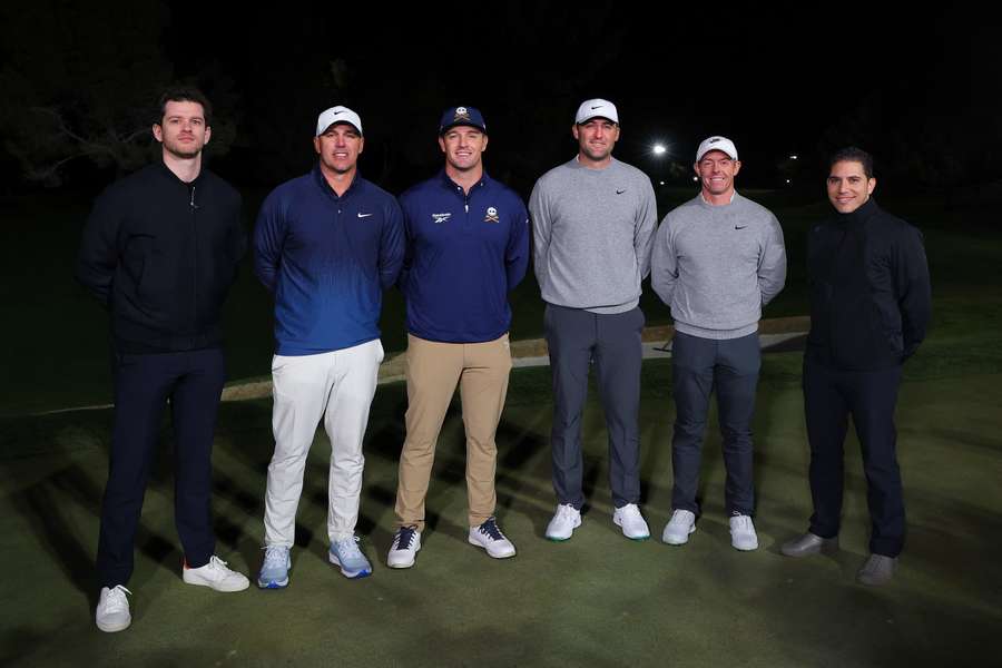 From second to the left to second to the right: Brooks Koepka,  Bryson DeChambeau, Scottie Scheffler, Rory McIlroy