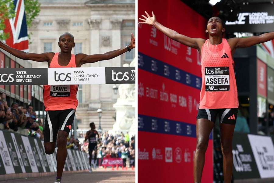 Kenya's Sabastian Sawe and Ethiopia's Tigst Assefa celebrate after crossing the finishing line at the London Marathon