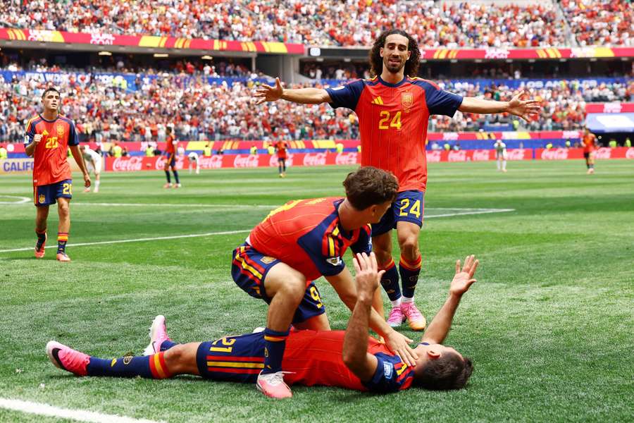 Spain celebrate Oyarzabal's second goal Spain celebrate Oyarzabal's second goal