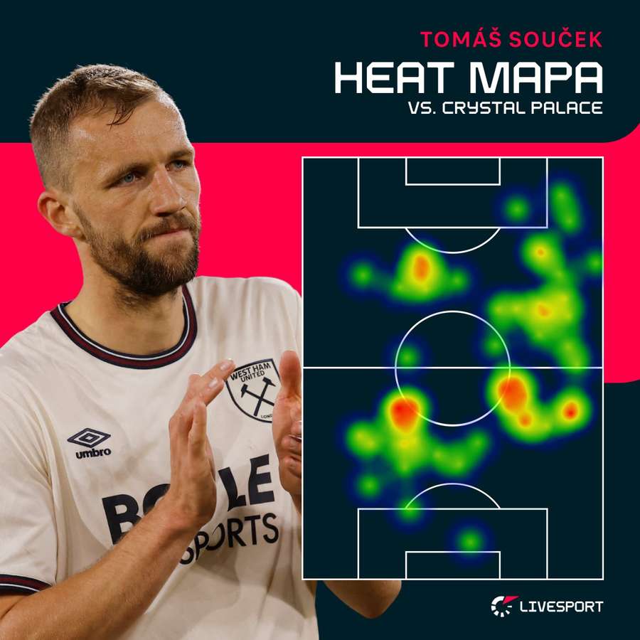 Souček a jeho pohyb na hřišti v pondělním utkání.