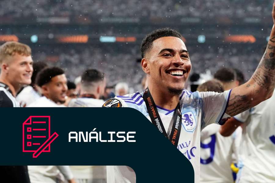 Morgan Rogers, do Aston Villa, celebra após a final da Liga Europa Morgan Rogers, do Aston Villa, celebra após a final da Liga Europa