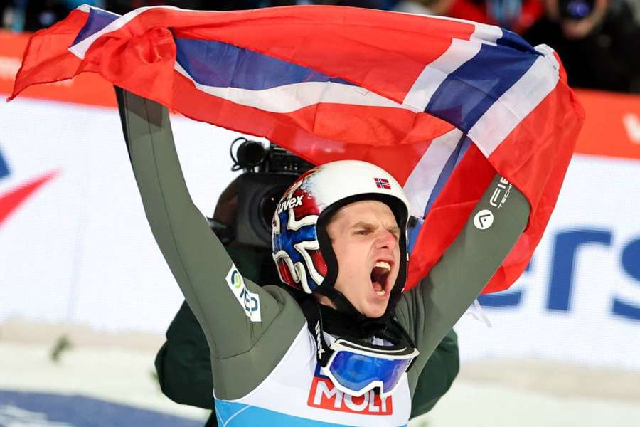 Halvor Egner Granerud celebrates after his winning jump in the final at Four Hills on Friday