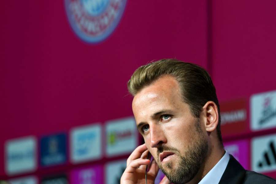 Harry Kane em sua primeira coletiva como jogador do Bayern