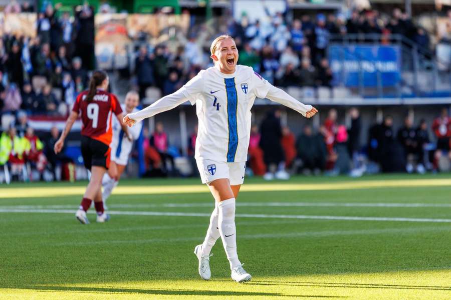 Ria Oling celebrates scoring in Finland's 3-1 win