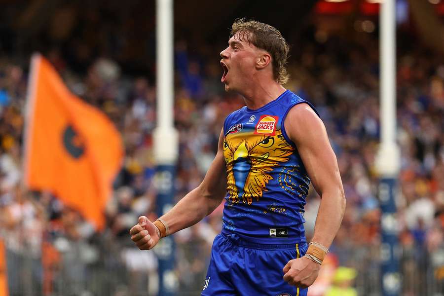 West Coast star Harley Reid celebrates a goal during their win over GWS Giants.