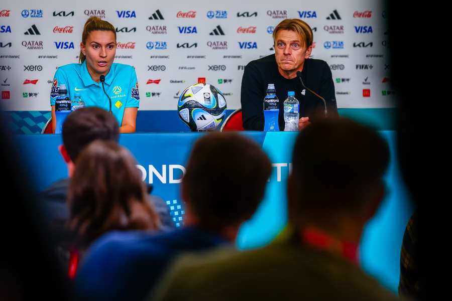 Australia'a Head Coach Tony Gustavsson (R) and Steph Catley (L) attend a press conference at Suncorp Stadium in Brisbane Australia'a Head Coach Tony Gustavsson (R) and Steph Catley (L) attend a press conference at Suncorp Stadium in Brisbane