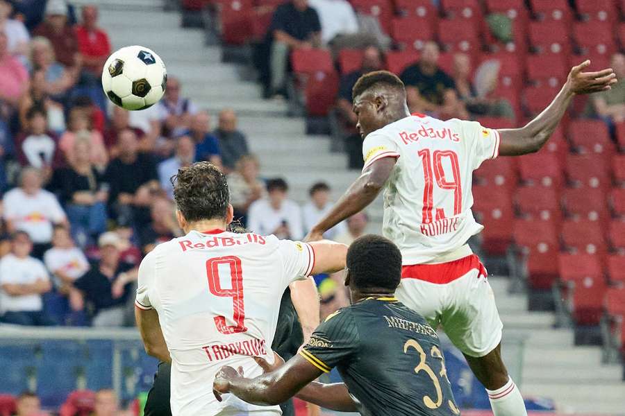 Karim Konate wins a header for Salzburg against Mjallby