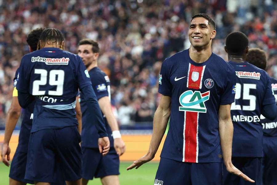 Paris Saint-Germain's Moroccan defender #02 Achraf Hakimi celebrates after scoring his team's third goal 