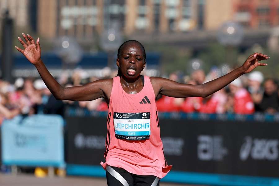 Kenya’s Peres Jepchirchir celebrates as she crosses the finish line to win the Sydney Marathon Kenya’s Peres Jepchirchir celebrates as she crosses the finish line to win the Sydney Marathon