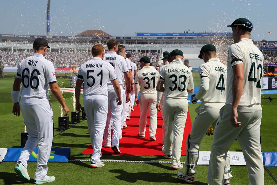 The players walk out ahead of the first day of the first Ashes Test at Egbaston