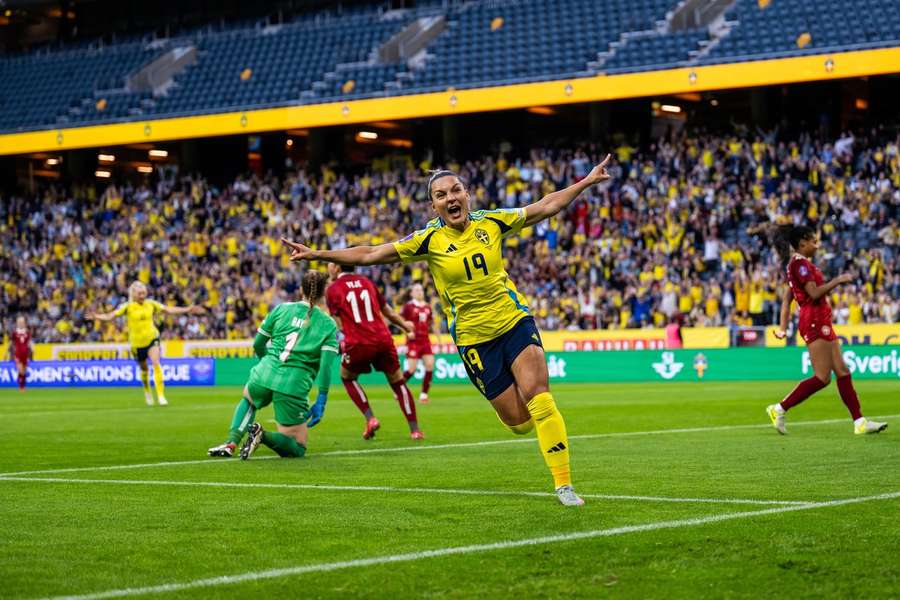 Johanna Rytting Kaneryd celebrates after scoring Sweden's second goal against Denmark