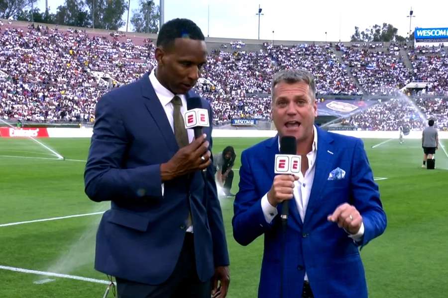 ESPN analyst Shaka Hislop (L) is recovering after collapsing on air during a friendly game in California