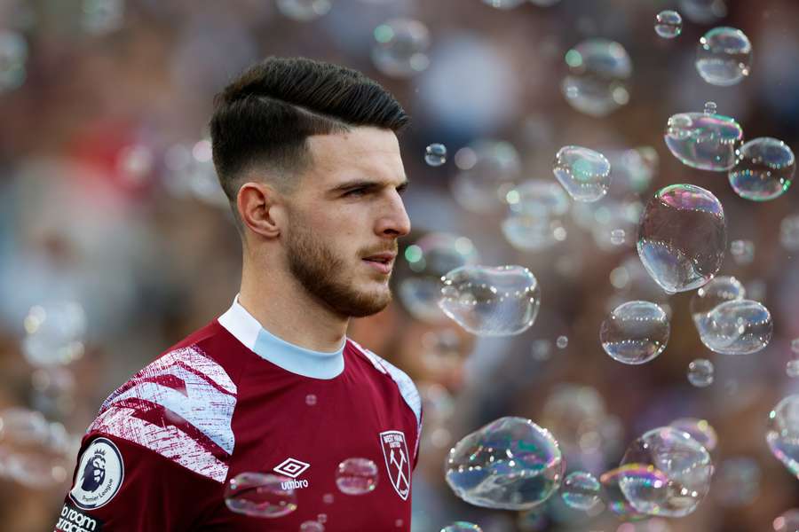 West Ham United's English midfielder Declan Rice looks on prior to the English Premier League match between West Ham United and Manchester United