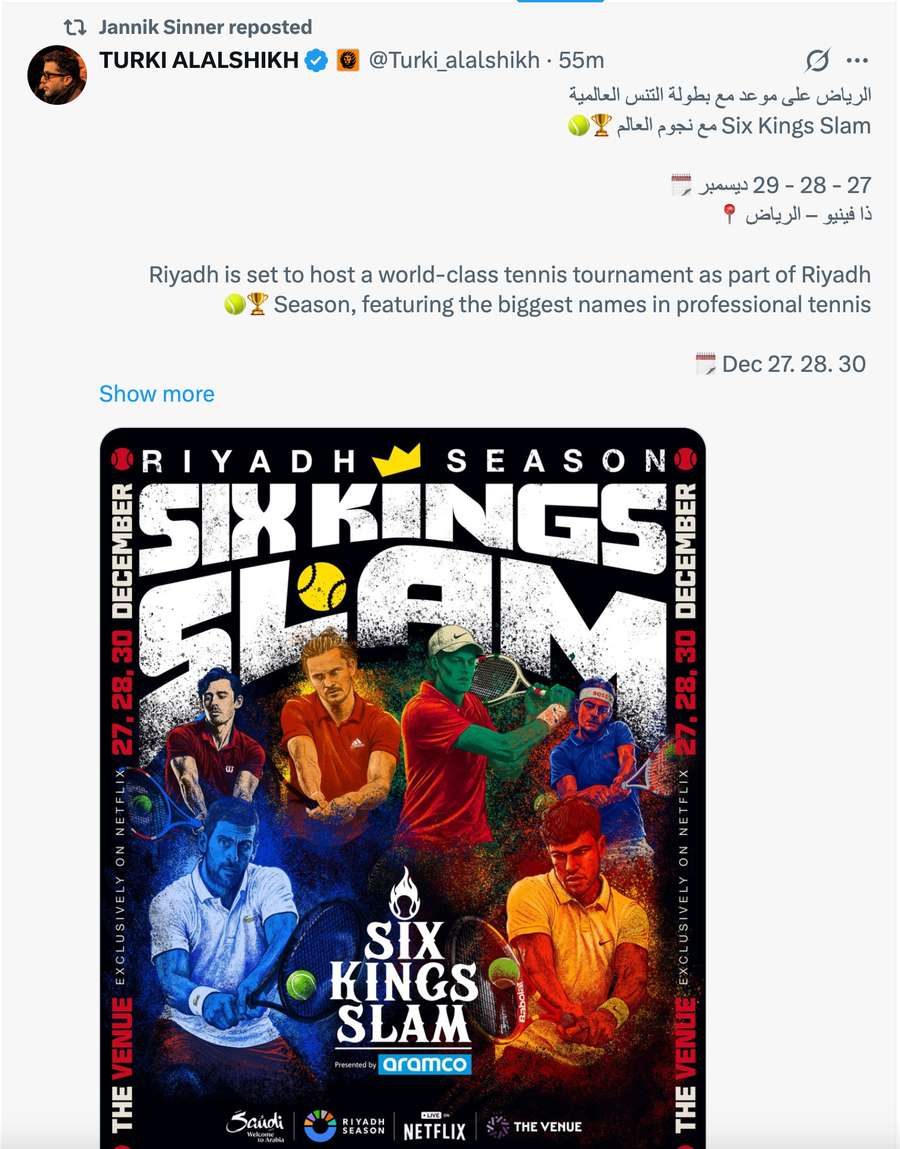 Jannik Sinner a redistribuit pe contul său afișul Six Kings Slam