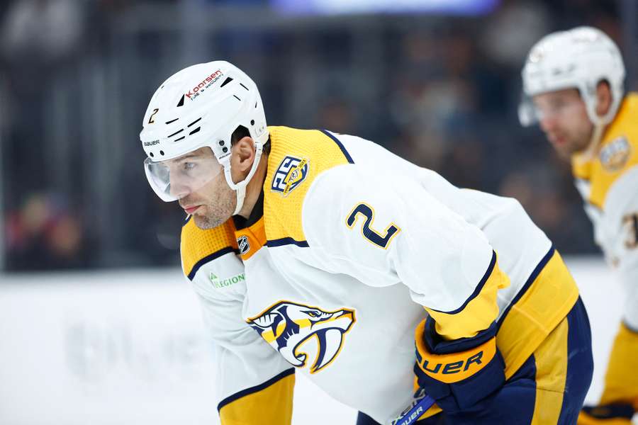 Predators defenceman Luke Schenn getting ready before a face-off. (2024)