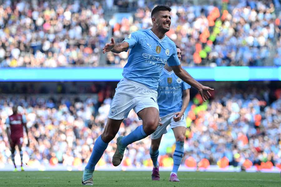 Rodri célébrant son but contre West Ham en fin de saison dernière.