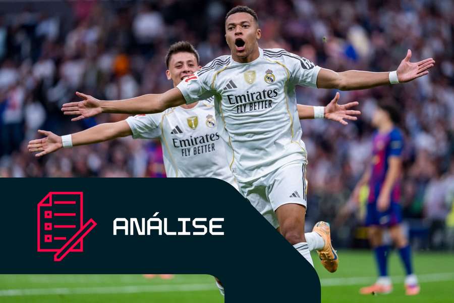 Kylian Mbappé, do Real Madrid, celebra o seu golo frente ao Barcelona Kylian Mbappé, do Real Madrid, celebra o seu golo frente ao Barcelona