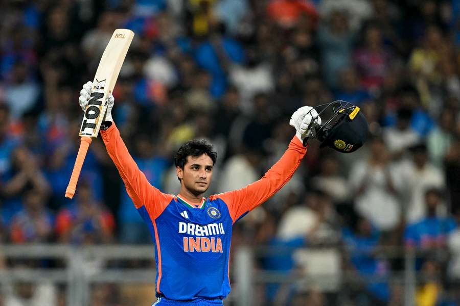 India's Abhishek Sharma celebrates after scoring a century against England