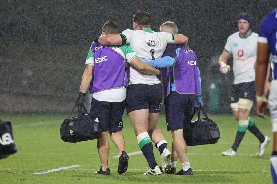 Ireland prop Cian Healy leaves the pitch with a calf injury