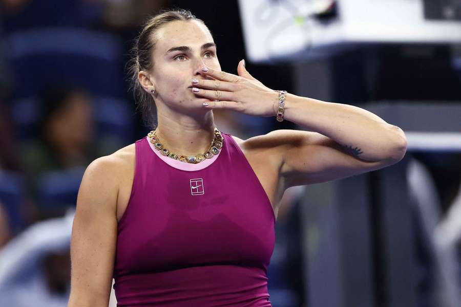 Aryna Sabalenka celebrates winning her match against Mexico's Renata Zarazua in Beijing