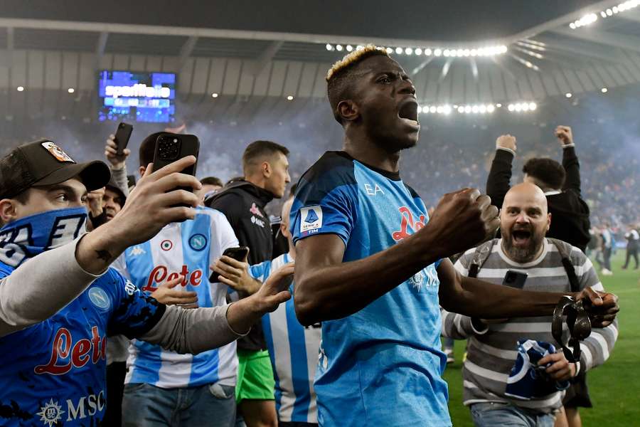 Victor Osimhen celebrates after clinching the Serie A title with Napoli