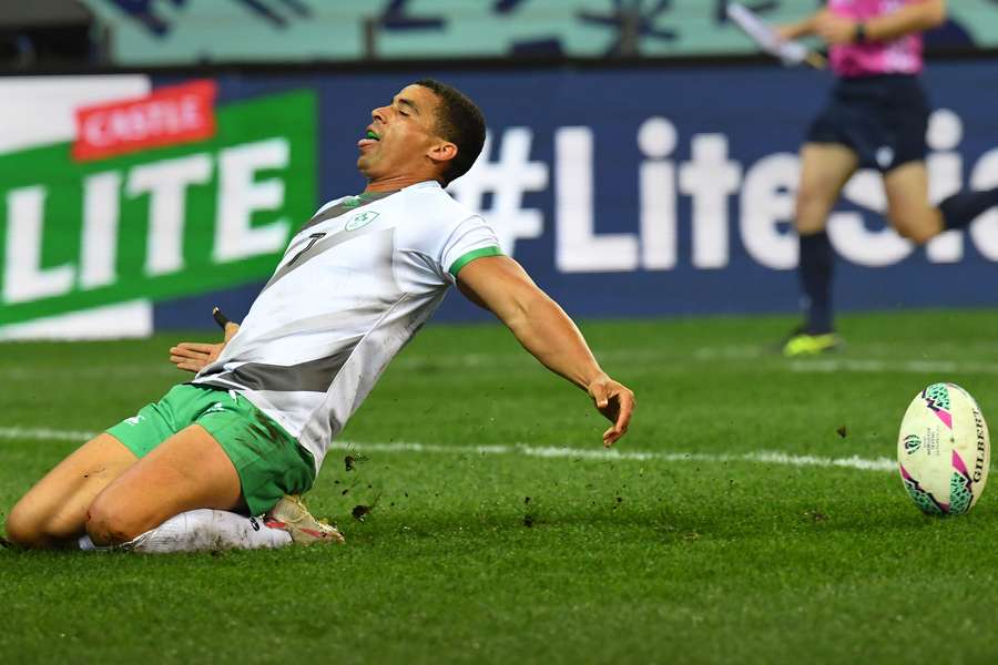 Jordan Conroy scores during Ireland's quarter-final tie against South Africa