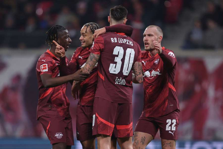 Leipzig players celebrate their second goal