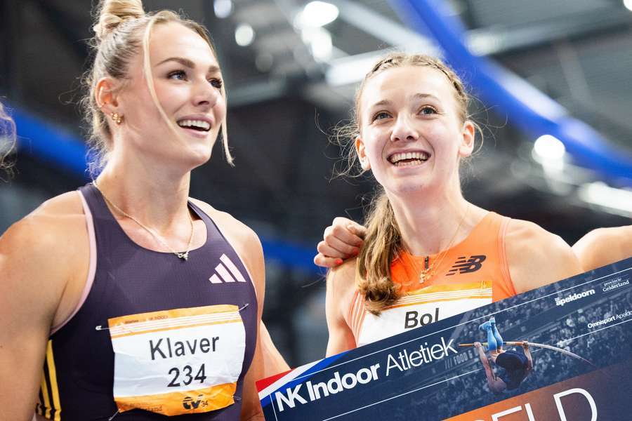 Lieke Klaver en Femke Bol na Bol's wereldrecord in Amersfoort