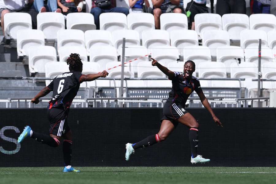 Lyonnes' Kadidiatou Diani celebrates scoring their second goal
