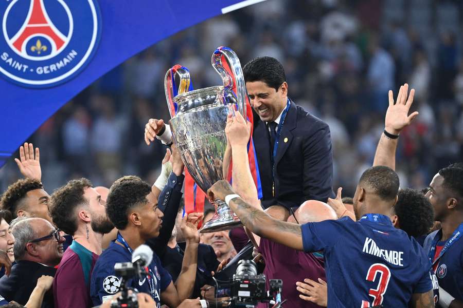 PSG owner Nasser El Khelaifi with the UEFA Champions League trophy after the final in 2025 PSG owner Nasser El Khelaifi with the UEFA Champions League trophy after the final in 2025