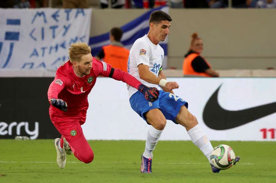 Greece's Petros Mantalos scores his side's second goal past Ireland goalkeeper Caoimhin Kelleher 