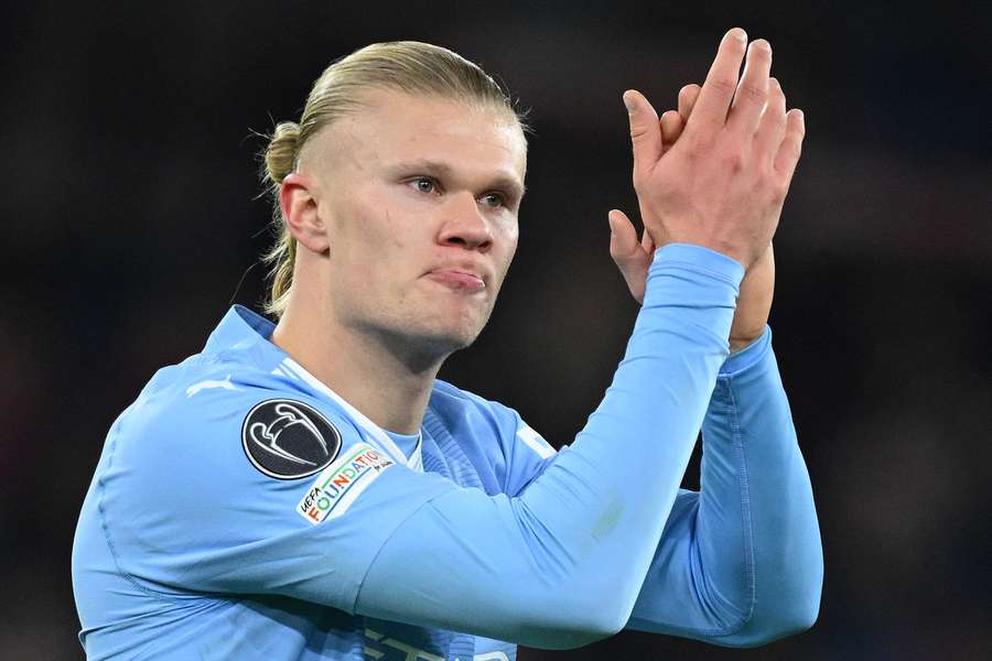 Erling Haaland applauds the fans following the UEFA Champions League Group G football match between Manchester City and RG Leipzig 