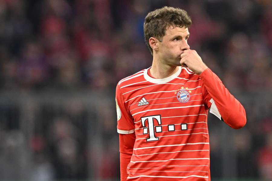 Bayern Munich's German forward Thomas Mueller reacts during the DFB Pokal quarter-final match