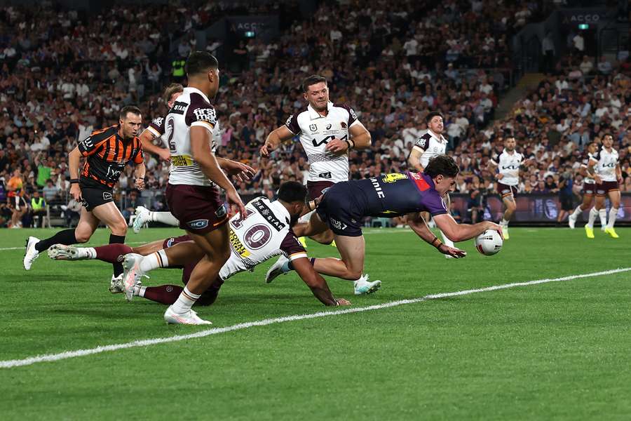 Nick Meaney scores a try for Melbourne Storm in the 2025 NRL Grand Final.