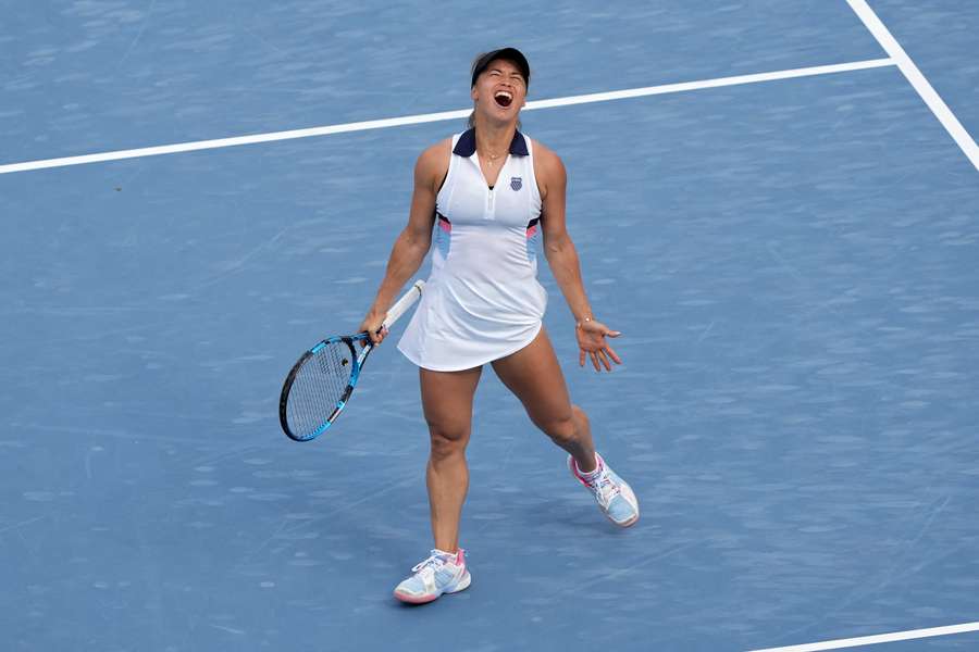 Yulia Putintseva celebrates after defeating Coco Gauff