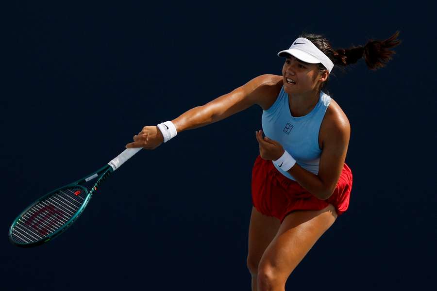 Emma Raducanu serves against Amanda Anisimova on day seven of the Miami Open
