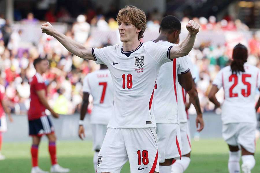 England's Anthony Gordon celebrates scoring their second goal
