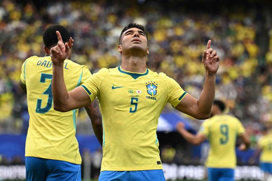 Casemiro celebrates his World Cup goal against Japan.