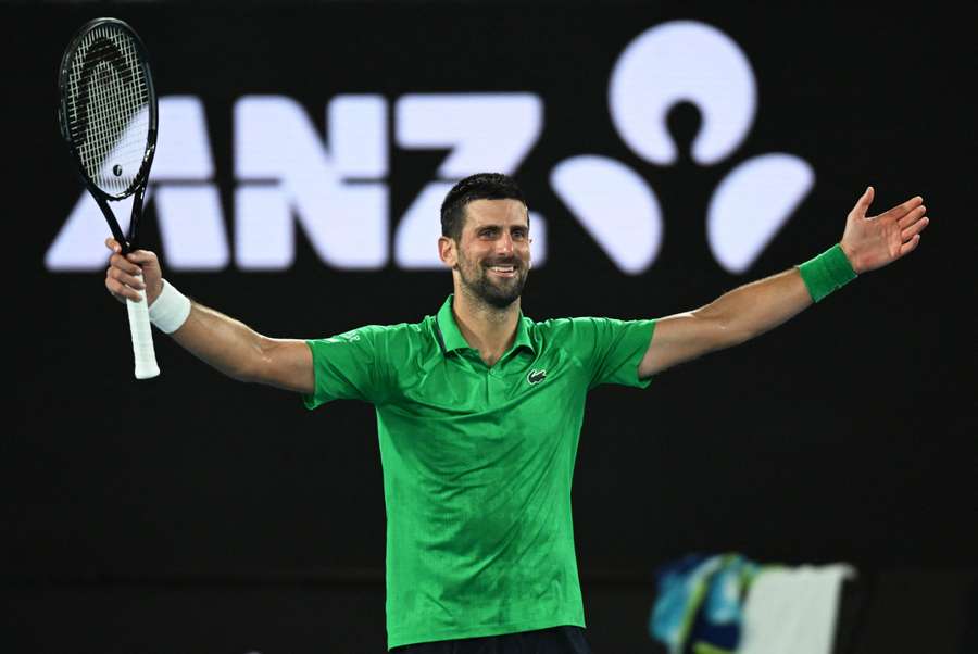 Novak Djokovic celebrates winning his semi-final match against Jannik Sinner 