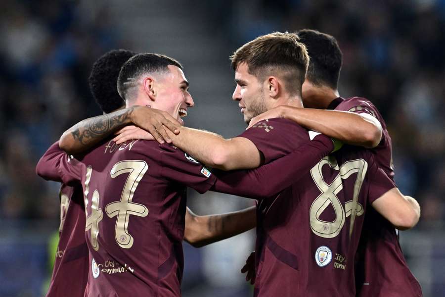 Man City celebrate James McAtee's goal 