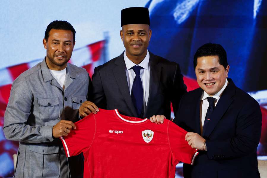 Patrick Kluivert, along with assistant coach Denny Landzaat, and the Chairman of Indonesian National Soccer Association (PSSI) Erick Thohir