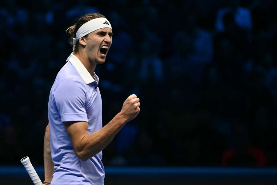 Germany's Alexander Zverev celebrates a point during his match against Norway's Casper Ruud at the ATP Finals tennis tournament in Turin