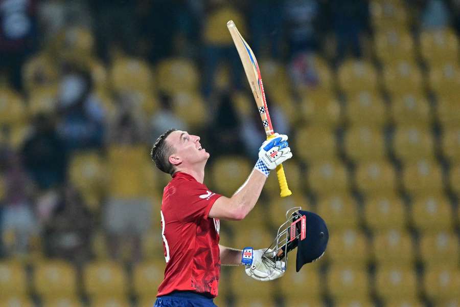 England's captain Harry Brook celebrates after scoring a century against Pakistan