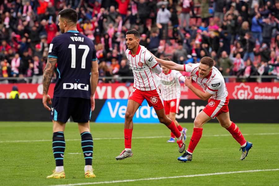 Azzedine Ounahi of Girona FC celebrates scoring his team's first goal 