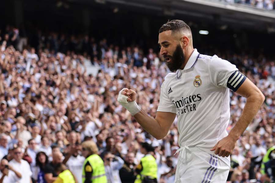 Karim Benzema célébrant hier son but lors du Clasico.