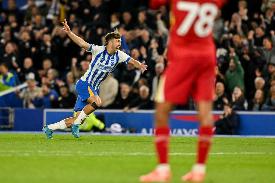 Brighton's English midfielder Jack Hinshelwood celebrates after scoring his team's third goal 