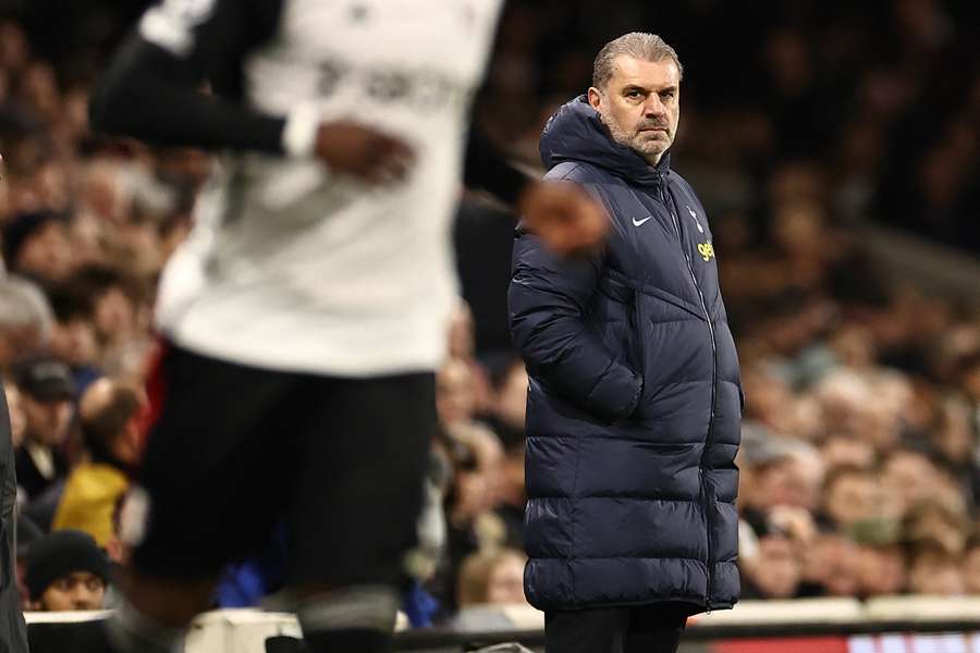 Ange Postecoglou looks on during the English Premier League football match between Fulham and Tottenham Hotspur at Craven Cottage